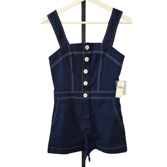 Anthropologie Maeve The Portside Button-Front Romper, Nautical, Stretch, Blue, 6 - Picture 1 of 11